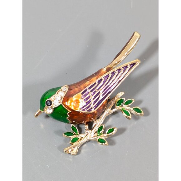 Retro Green Brown Enamel Rhinestone Bird on Branch Brooch Pin - Picture 1 of 6